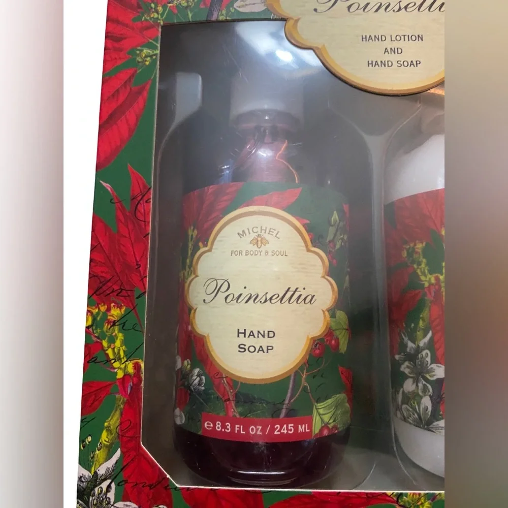 NEW 2 PC MICHEL FOR BODY & SOUL POINSETTIA HAND LOTION & HAND SOAP SET 8.3 OZ EA